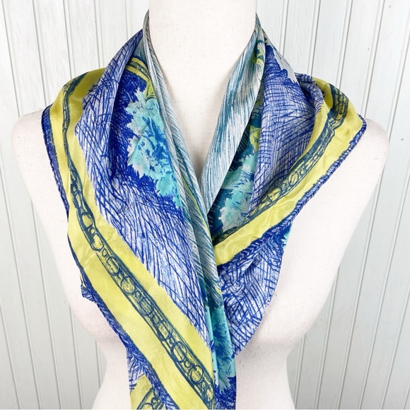Vintage Aqua-Bar by Baar and Beards Silk Square Scarf Blue Yellow Floral 35" - Picture 7 of 8